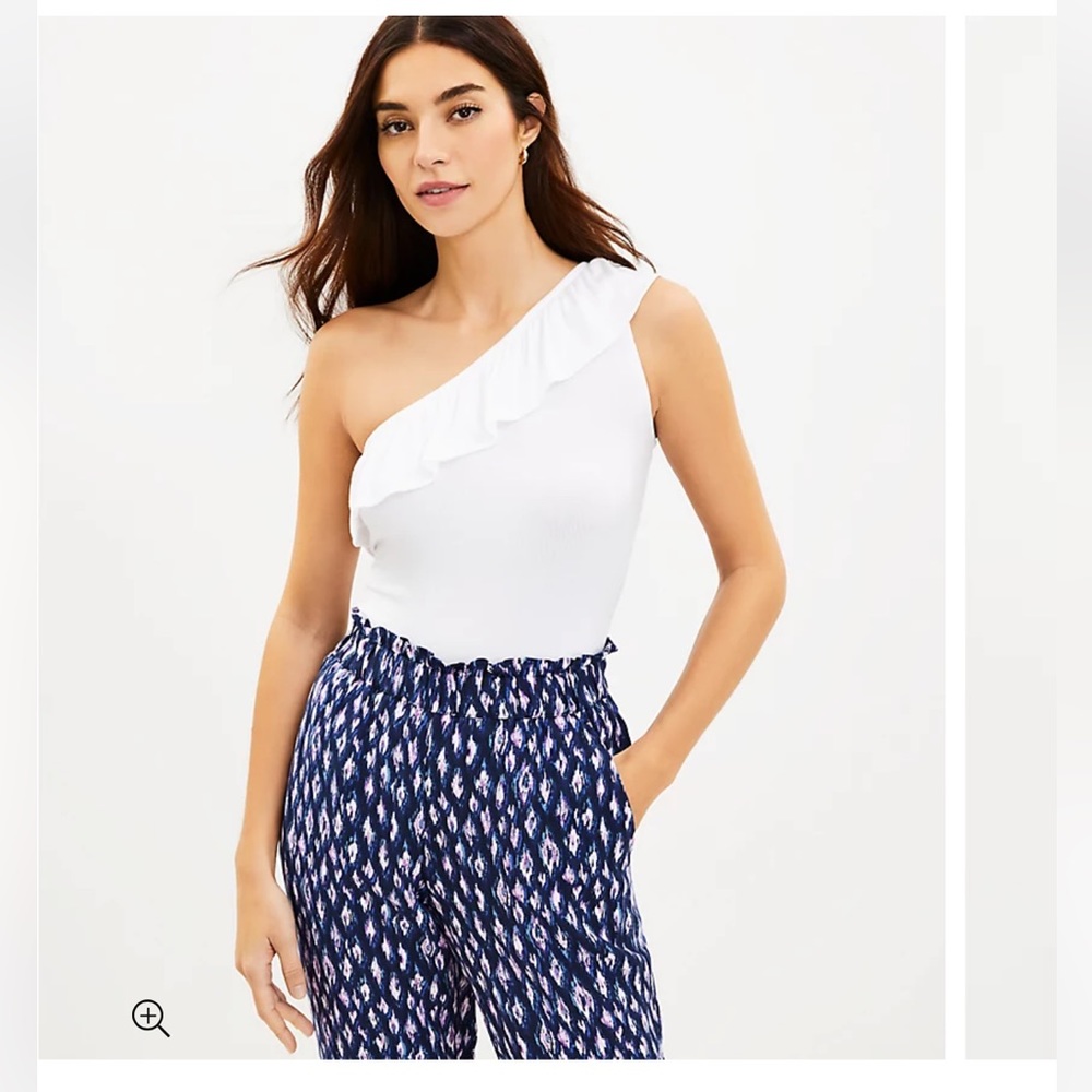 Loft White Ruffle Ribbed One Shoulder Tank Top